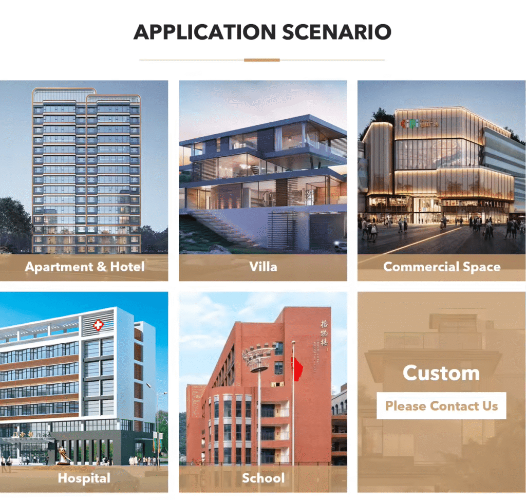 Wood Fires doors UK application scenarios in UK buildings including apartment, hotel, villa, commercial space, hospital, school, and custom projects